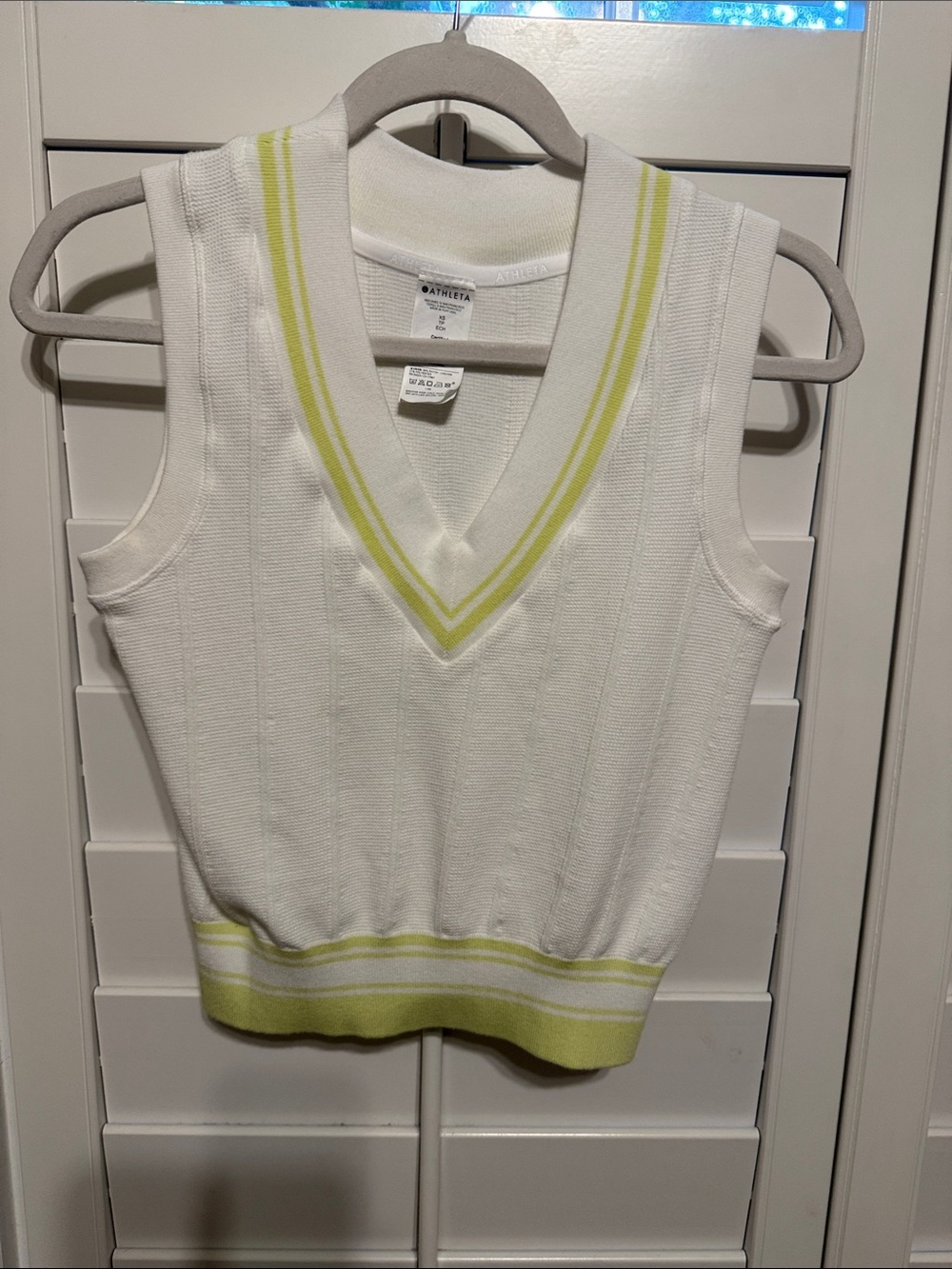Athleta White Knit V-Neck Sweater Vest with Lime Trim